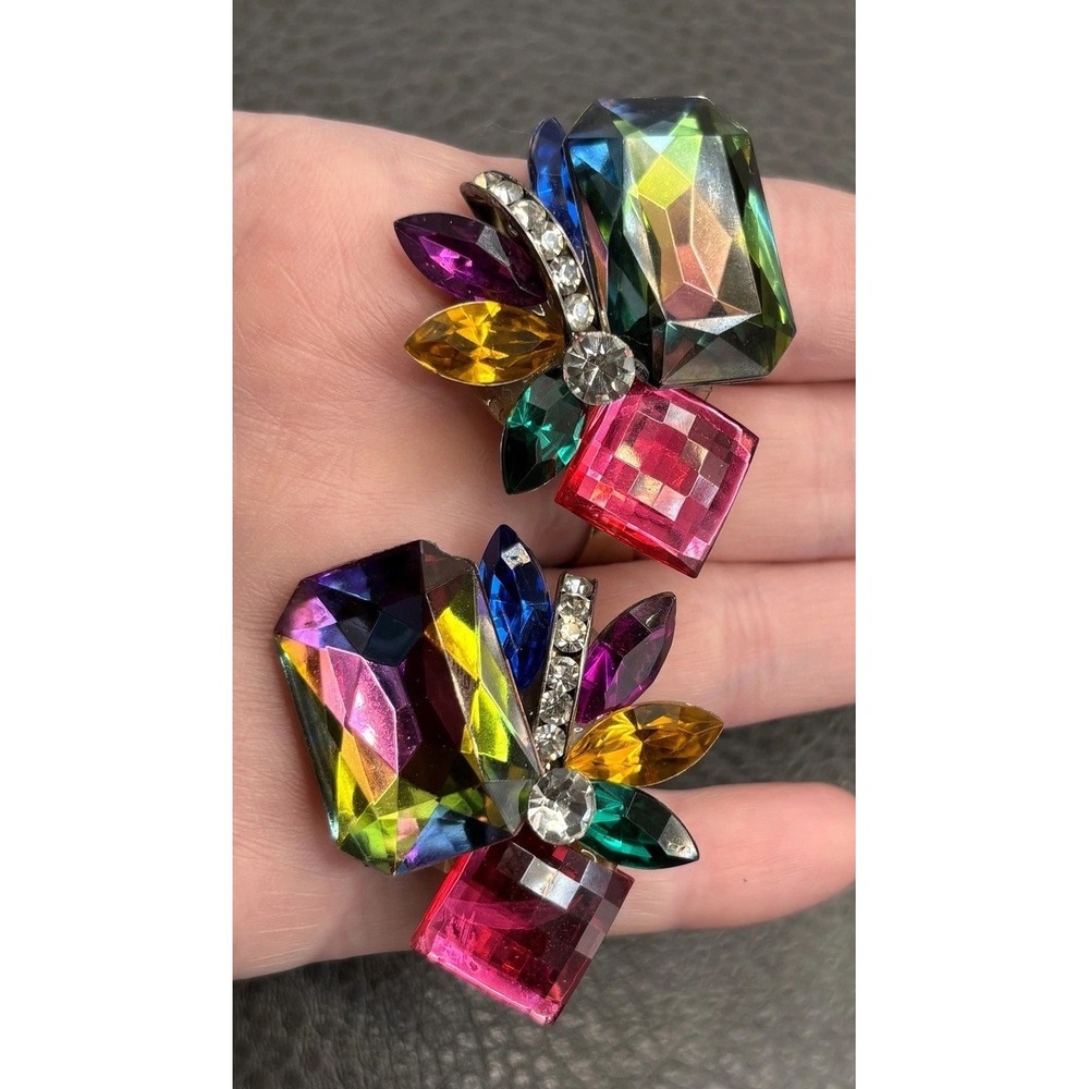 VTG 80s Runway Crystal Rhinestone Prism Cluster Clip On Statement Earrings